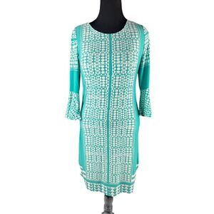 Susan Graver geometric teal blue green flutter bell sleeve liquid knit dress XS